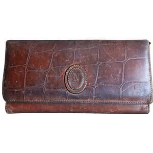 Vintage 70s NOBLE Croc Embossed Tri Fold Wallet Brown Leather Distressed Worn